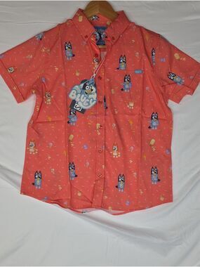 Bluey Short-Sleeve Button-Down Shirt in Coral Large Youth